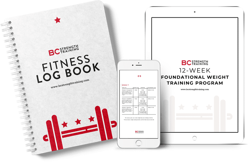 BC Strength Training branded "fitness log book" and ipad with strength training program on it